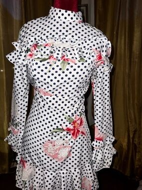 Boohoo White Polka Dot Long-Sleeve Floral Ruffle Dress